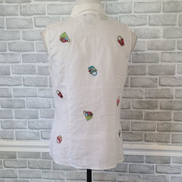 Richard Malcom Irish Linen Sleeveless Top Blouse Embroidered Baskets Coastal Med - Picture 3 of 7